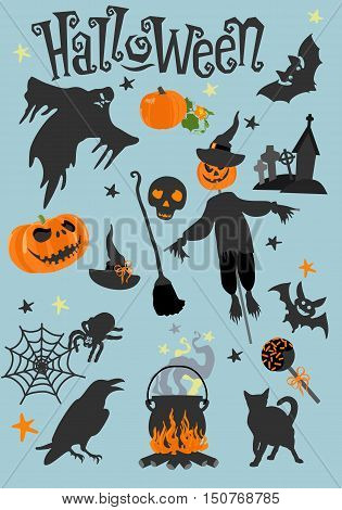 Halloween poster or greeting card with cartoon pumpkin, cat, crows, spider, cauldron, web, cat, candy, bat, witch hat, broom, pumpkin, scarecrow, cross, ghost.