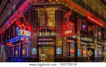 Paris France-October 06 2016: The American Dream is a famous restaurant and entertainment venue in Paris at 21 rue Daunou near National Opera house.