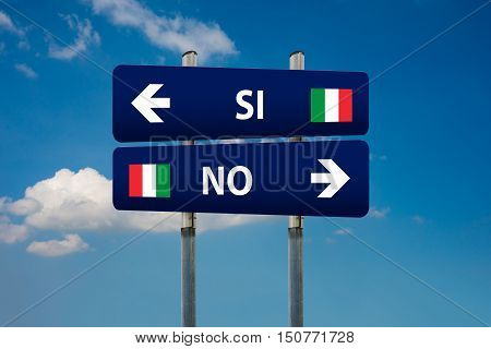two road signs and italian referendum SI (yes) and NO (no)