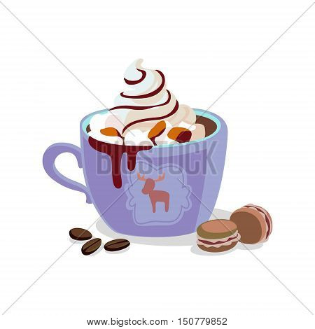 Cute mug and jar with coffe, cacoa, tea, latte. Best for winter advertising, print design, postcard. Winter cute and cozy drinks concept.