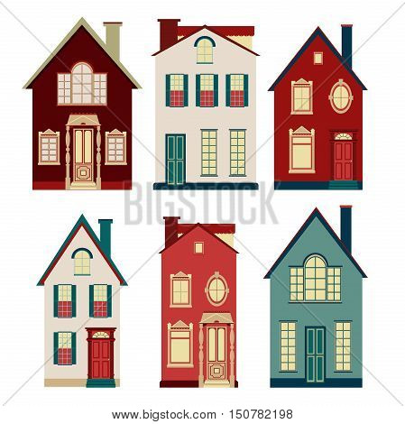 Set of illustrations from old houses. Six of the old two-storey houses on a white background.