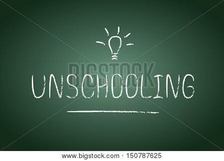 Unschooling lettering in vector. Chalk board and chalk effect. Free education and study at home.