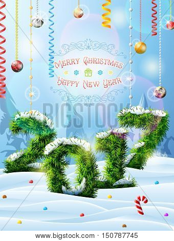 New Year 2017 of christmas tree twigs in snow. Winter landscape with pine branches decoration congratulation. Vector image for new years day christmas winter holiday new years eve silvester etc