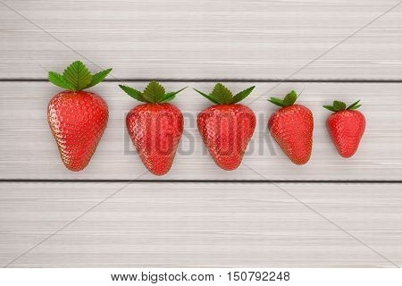 Strawberries lying on white table in row order. Line of strawberry on the white wooden table. 3D illustration
