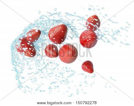 Strawberry in water splash isolated on white background. 3D illustration