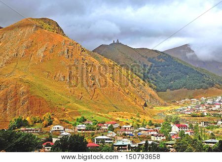 Panoramic view of Stepantsminda town in Georgia