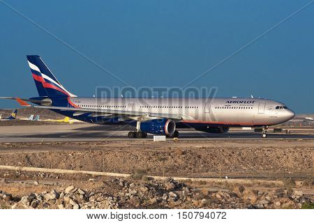 TENERIFE SPAIN - JULY 21: Russian airliner Aeroflot Airbus A330 ready for take off from Tenerife Airport on July 21 2016 in Tenerife south Spain.