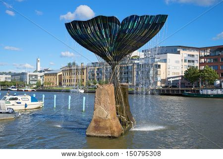 TURKU FINLAND - AUGUST 27 2016: Harmony fountain on the river Aura, sunny august day. Turku, Finland