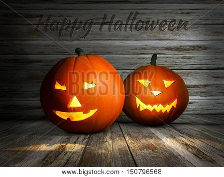 Jack lantern with candle light inside on wooden background. 3D illustration