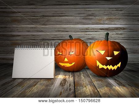 Jack lantern with candle light inside on wooden background. 3D illustration