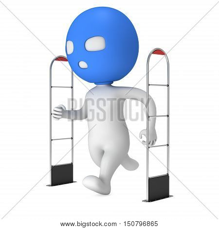3D shoplifter scanner and running thief man in mask isolated on white background. Scanner entrance gate for prevent theft in shop or store. Security concept.