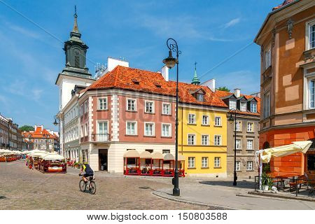 Multi-colored facades of old houses in the historic center of Warsaw.
