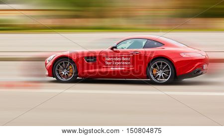 Kiev, Ukraine - OCTOBER 4, 2016: Mercedes Benz star experience. The interesting series of test drives. Presentation the new Mercedes-Benz GTs AMG