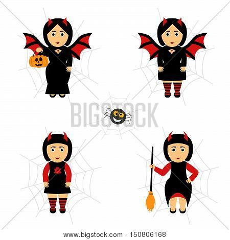 Vector set for Halloween in cartoon style.Girl in costumes. Girl bat.