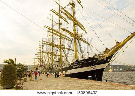 VARNA BULGARIA - OCTOBER 4 2016: Black Sea Tall Ships Regatta sailing ships from different countries on international regatta sailing ship 