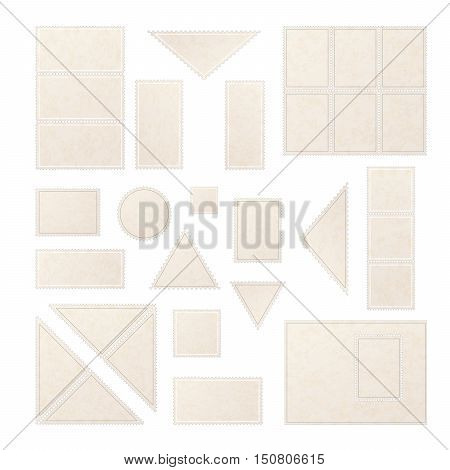 Set of realistic old blank post stamps with paper texture isolated on white