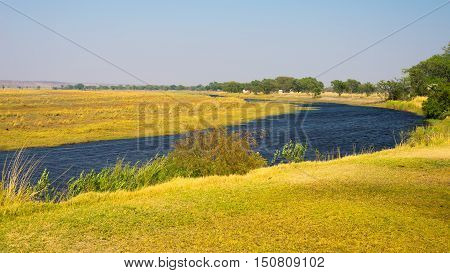 Chobe River Landscape, View From Caprivi Strip On Namibia Botswana Border, Africa. Chobe National Pa