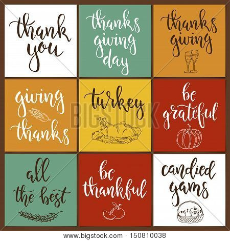 Thanksgiving day vintage gift tags and cards with calligraphy. Handwritten lettering. Hand drawn design elements. Printable items