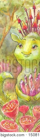 Fairy magic watercolor illustration. Green being the owner of the forest a dwarf an alien with jewels a mysterious forest children's illustration painting. Suitable for children's products a poster for a child's room bookmarks cover background card drawin