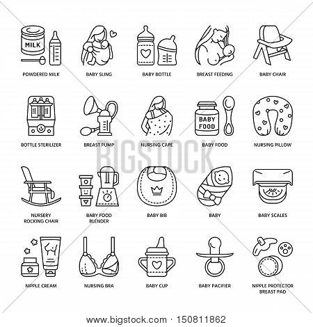 Modern vector line icon of breastfeeding baby infant food. Breast feeding elements - pump woman child powdered milk bottle sterilizer baby. Infant food pictogram