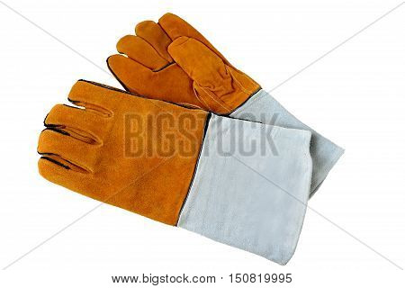 Rough leather gloves for welders, isolated on white background. Accessories of welder.