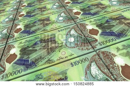 Brunei dollar bills stacks background. 3D illustration.