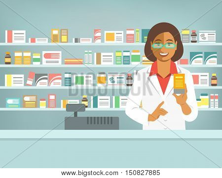 Pharmacist at counter in pharmacy. Black woman druggist stands opposite shelves with medicines and points to drug. Flat vector illustration. Health care medical background. Drugstore cartoon banner