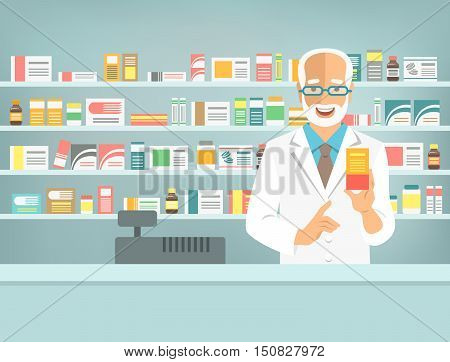 Pharmacist at counter in pharmacy. Man druggist stands opposite shelves with medicines and points to box with drug. Flat vector illustration. Health care medical background. Drugstore cartoon banner
