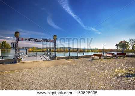 Harbor in Kreuzlingen city with the Constance lake. Kreuzlingen is the largest city in canton Thurgau Switzerland.