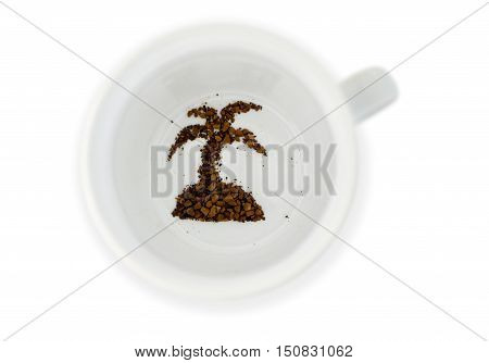 Coffee grounds in coffee mug reads the future of exotic destination.Concept photo of future fortune telling about travel holiday and vacation. Isolated on white background with copy space