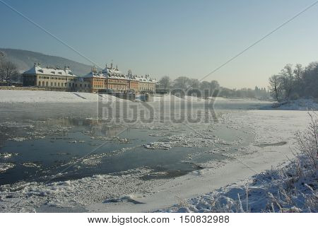Frozen River Elbe at Castle Pillnitz, Dresden, Saxony, Germany