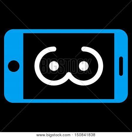 Mobile Female Erotics vector icon. Style is bicolor flat symbol blue and white colors rounded angles black background.