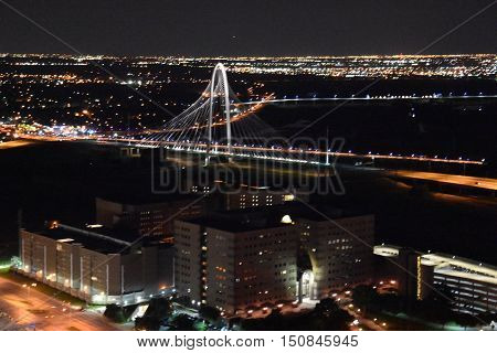 DALLAS, TX - SEP 17: View of Margaret Hunt Hill Bridge from the Reunion Tower Observation Deck in Dallas, Texas, as seen on Sep 17, 2016. The cable-stayed bridge cost $117 million to build.
