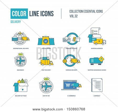 Color Line icons collection. International delivery, online order, express and fast delivery, shipping address, insurace, shipping dangerous goods, ship by air, e-coommerce