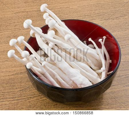 Vegetable Raw White Shimeji Mushroom or Bunapi Mushroom in Japanese Bowl.