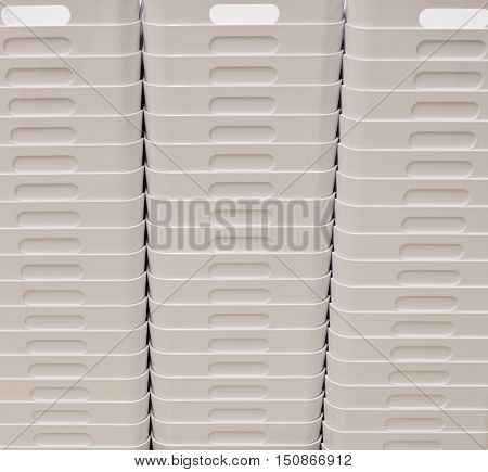 Stack of Empty White Plastic Buckets or Garbage Bin Wastebin Recycling Bin.