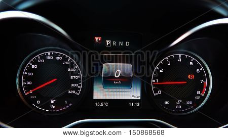 Modern car speedometer. Close up shot of the dashboard a car