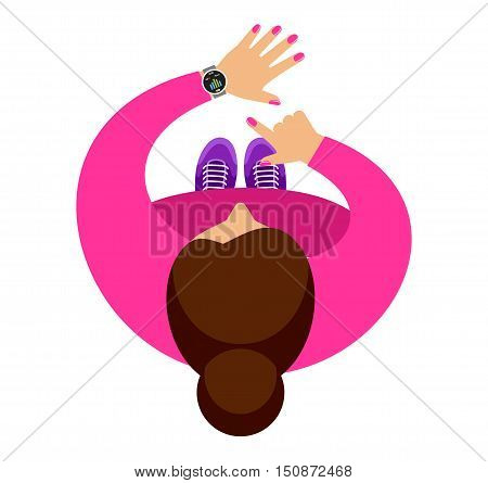 The woman on jog. Smartwatch on a wrist. Fitness tracker application. Vector