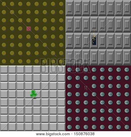 Think different design set, vector graphic. Square among the circles, magic sparckle in the blocks, button escape and clover in gray tiles. Gray, gold. Freedom and escape the system concept.