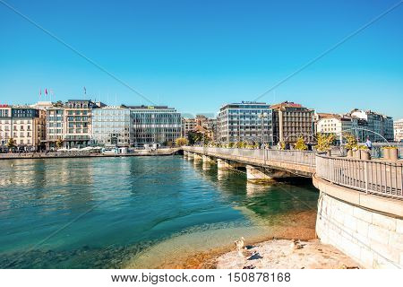 Geneva, Switzerland - June 23, 2016: Bergues pedestrian bridge in the center of Geneva city. Geneva is a financial center and worldwide center for diplomacy in Europe