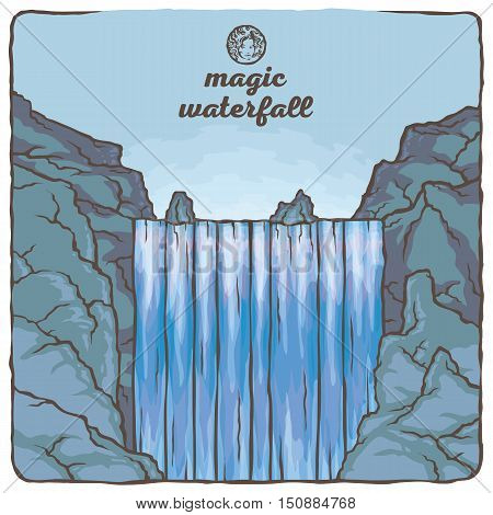 Vector color image of a waterfall. Mountain landscape in the background of nature and the blue sky. Water and stones. The magical beauty of nature.