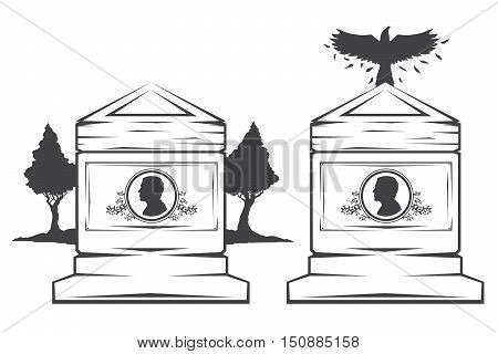 Vector isolated image of contour the grave gravestone monument depicting male profile. Headstone for print and web design funeral services. Burial and funeral . Crow, the raven.Pines tree