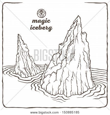Vector isolated image of the contour of the iceberg. Northern landscape in the background of water and sky. Snow and ice. The magical beauty of nature. Cold ocean