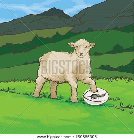 Vector color image of sheep in the background of the nature New Zealand Rugby Ball
