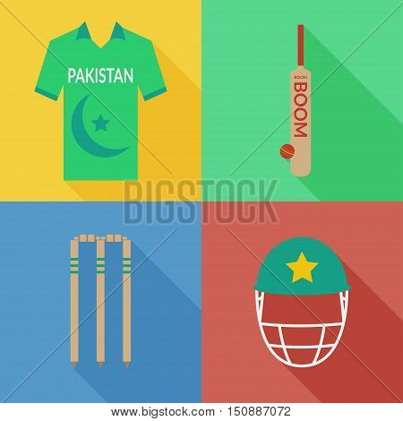Pakistan cricket icons in flat design with long shadows