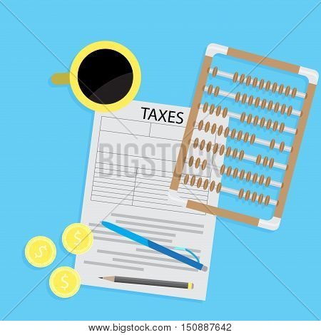 Tax day declaration flat concept. Tax form with coffee and abacus calculator. Accounting and money taxation and taxes money Vector illustration