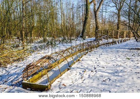 The last part of the trapping pipe of a restored historical Dutch duck decoy covered with a layer of snow. It's a sunny day in the end of the winter season. The original decoy was built in the year 1693.