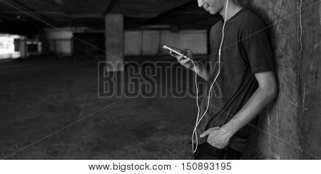 Teenager Style Listening Music Headphone Street Concept