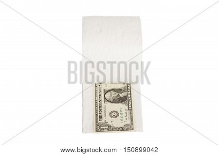 One dollars in toilet paper isolated on white