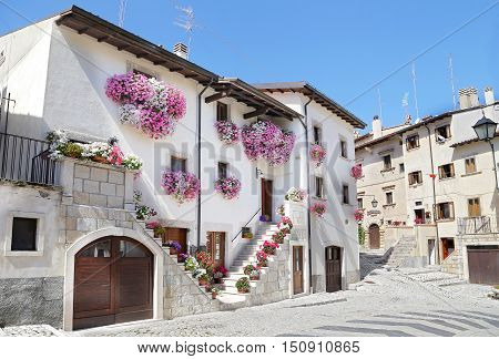 PESCOCOSTANZO ITALY - AUGUST 21 2016: Glimpses of the wonderful mountain village - about 1400 m above sea level - Pescocostanzo in the region of Abruzzo Italy